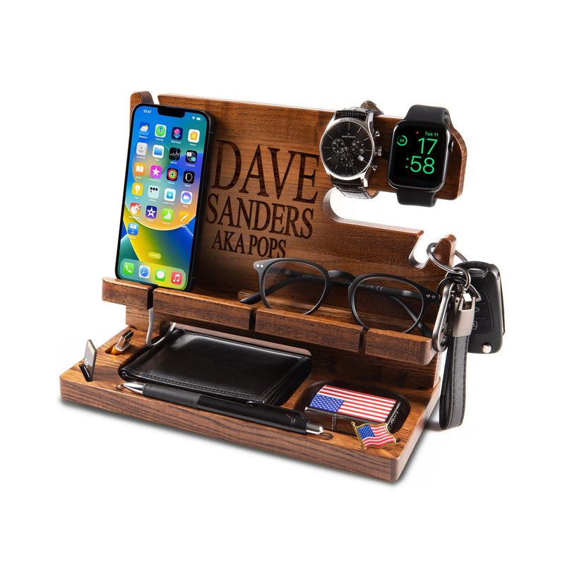 Brown personalized organizer with phone and engraved name on top, perfect Christmas gift for him
