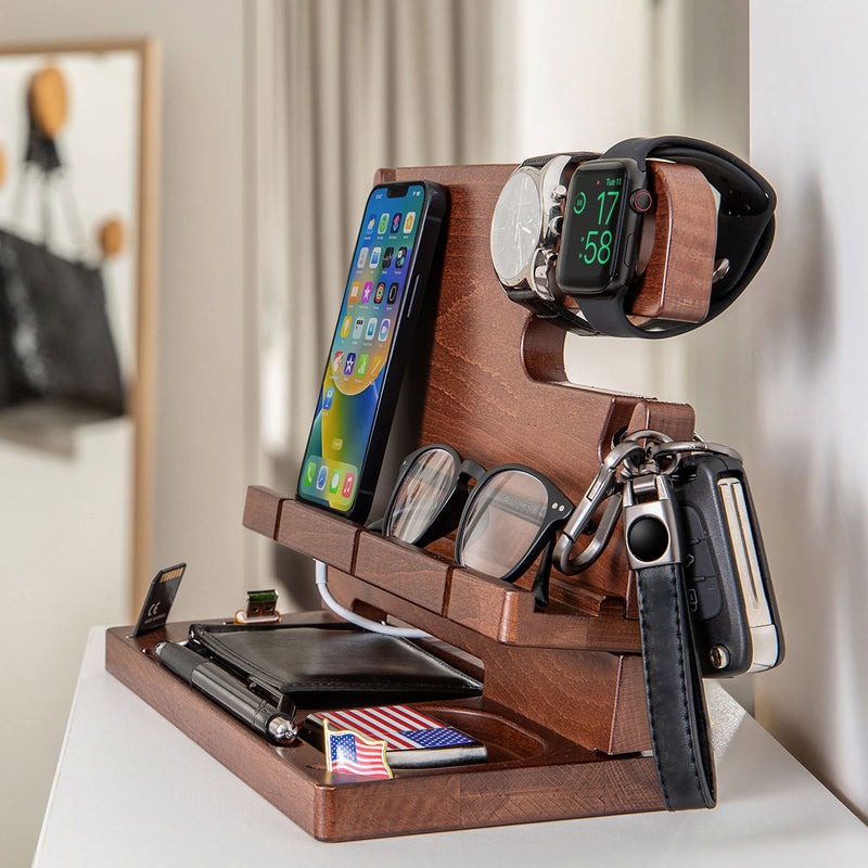 Customizable wooden docking station in home entryway, holding phone, keys and wallet, perfect gift for men