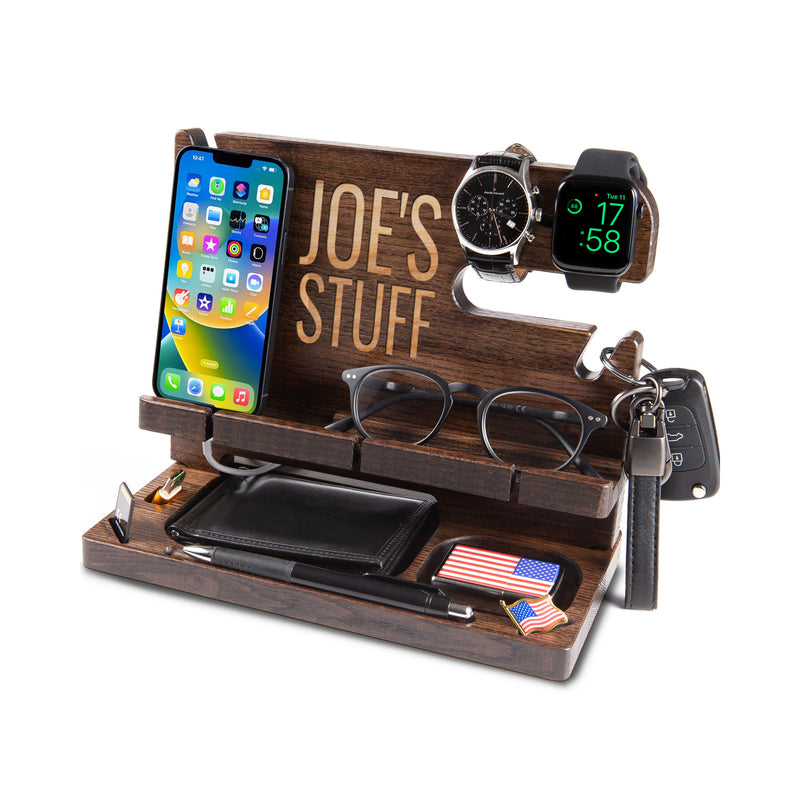 Deep brown personalized nightstand displaying wallet and personal items, original graduation gift for him