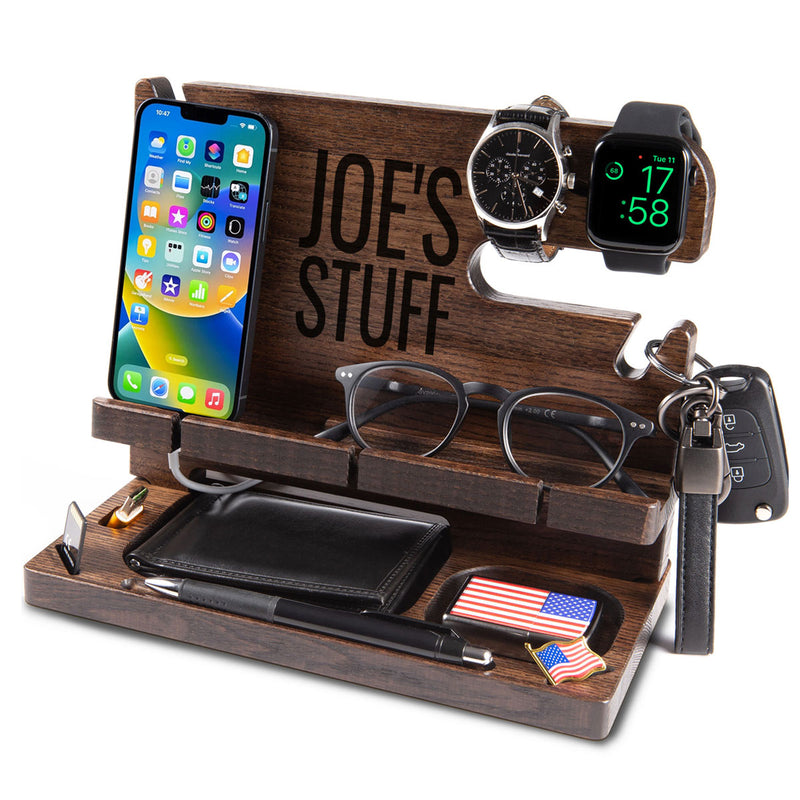 Deep brown wood desk organizer holding phone and keys, personalized Christmas gift for him