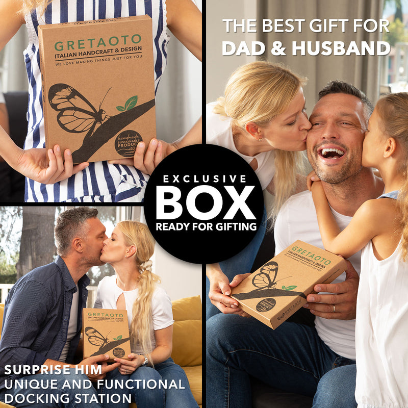 Infographic divided in three scenes showing a family gift moment with a wooden docking station, the perfect gift for dad and husband