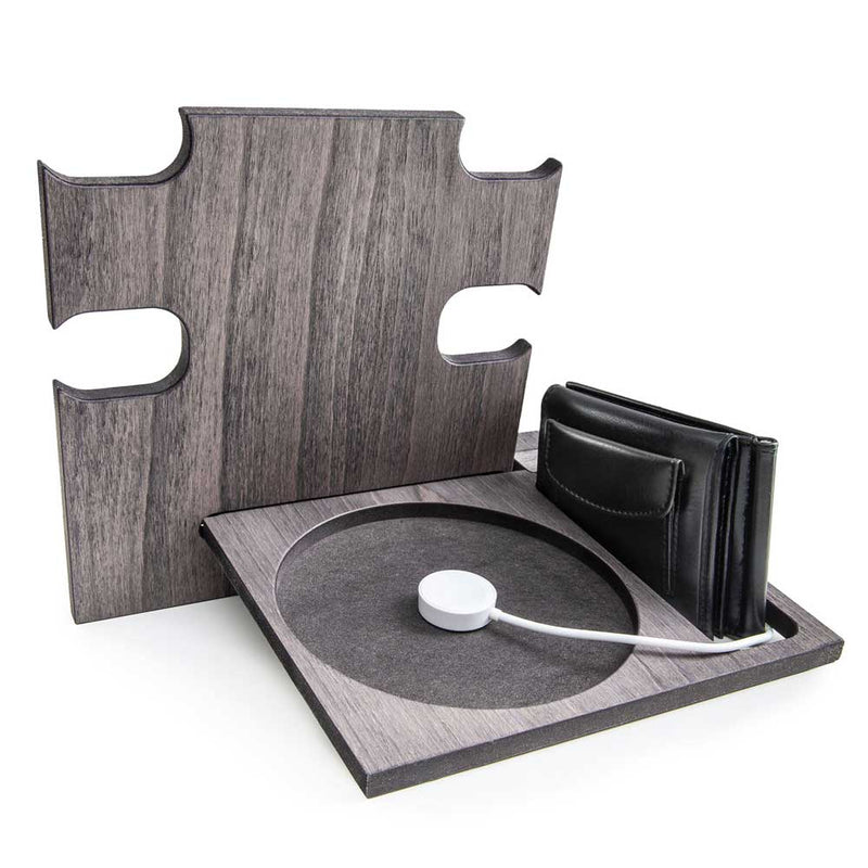 Gray wooden phone holder rear view with wallet and smartwatch charger compartment, perfect as personalized gift
