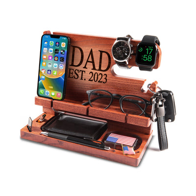 Mahogany personalized organizer with phone and engraved dedication on top, perfect Father's Day gift for dad.