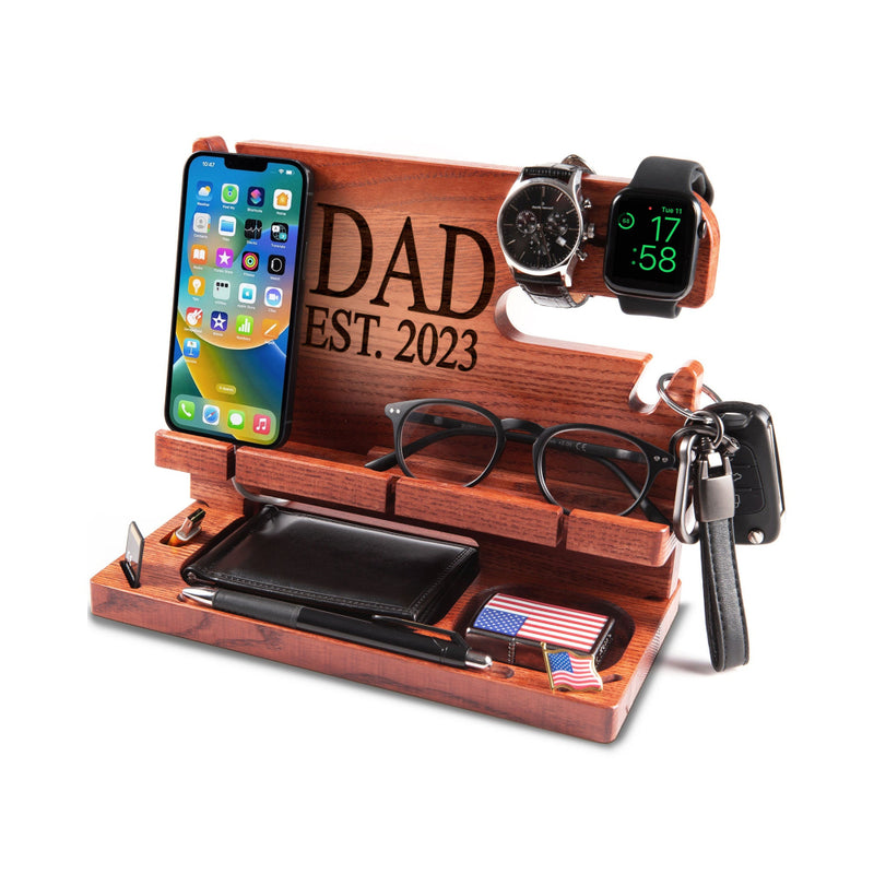Mahogany personalized organizer with phone and engraved dedication on top, perfect Father&