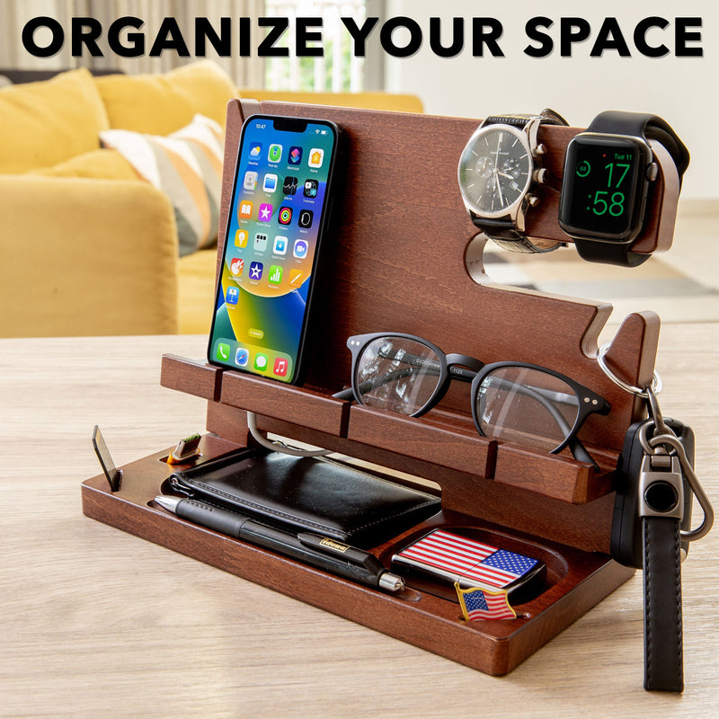 Mahogany wooden desk organizer holding personal item in a cozy living room, customizable gift for him