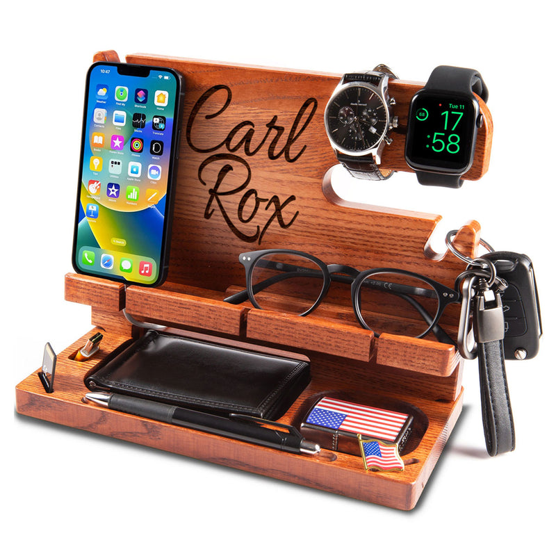 Maroon personalized wood nightstand organizer displaying wallet and keys, thoughtful birthday gift for men