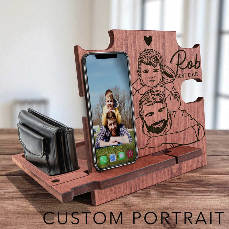 Custom Docking Station with Line Art Portrait – Personalized Gift for Man – Laser Engraved Office or Nightstand Organizer – Tech Desk Tray
