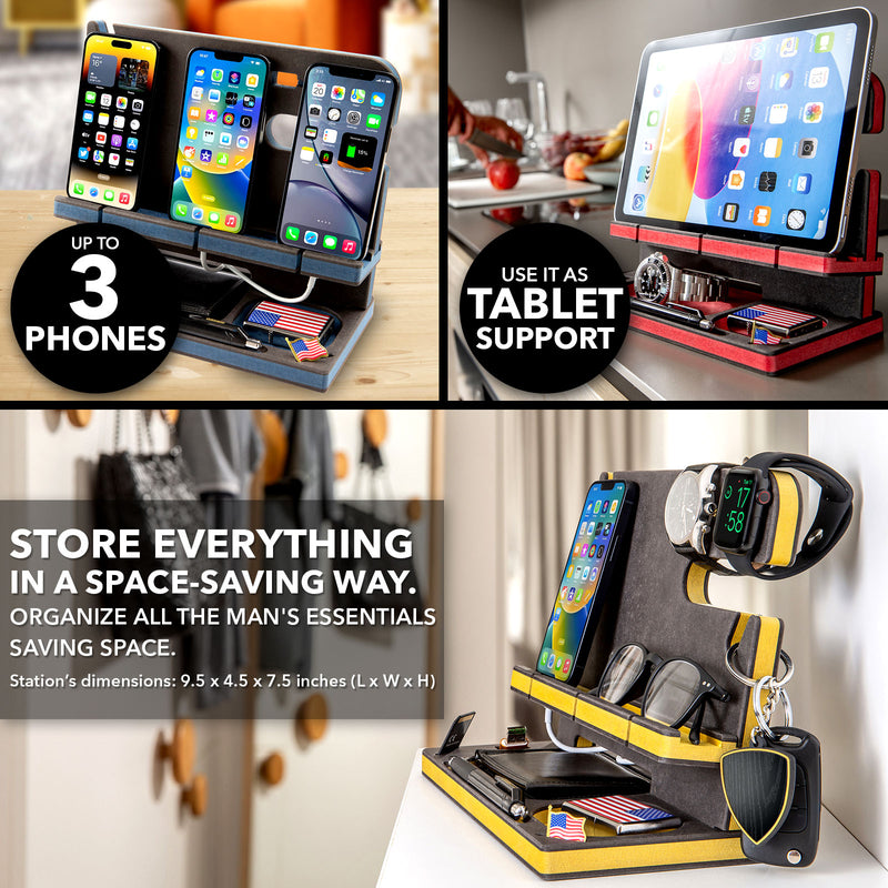 Infographic showing three uses of the docking station: charging multiple phones, supporting a tablet, and saving space