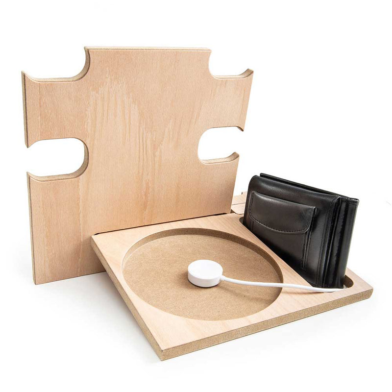 Natural wood organizer back view with wallet slot and smartwatch charger, great personalized gift for him