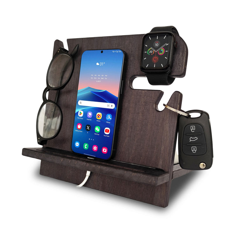 Ebony nightstand made of pine wood holding watch and keys, personalized birthday gift for him