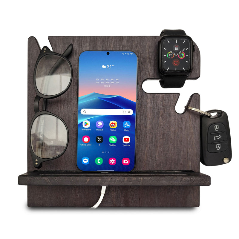 Ebony phone stand made of pine wood holding phone and wallet, personalized anniversary gift for husband