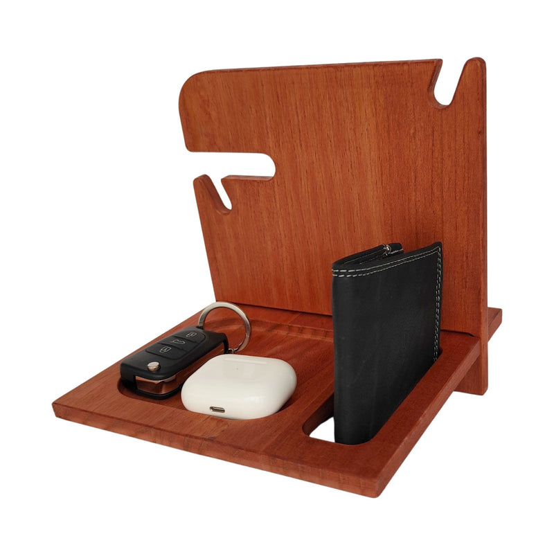 Mahogany docking station back view with dedicated spaces for personalo objects, customized gift for him