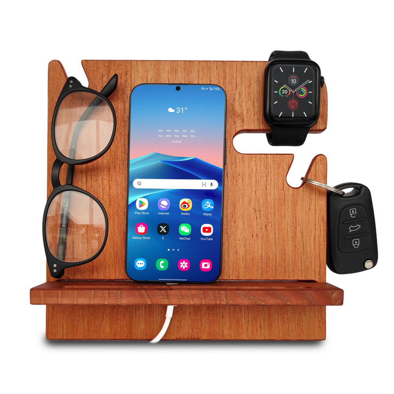Mahogany personalized nightstand made of pine wood holding phone and watch, perfect anniversary gift for husband