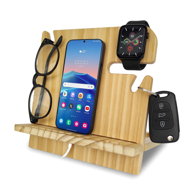 Natural personalized desk organizer holding watch and glasses, great retirement gift for men