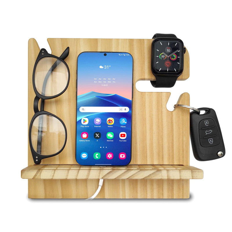Natural pine wood docking station holding phone and wallet, personalized Father&