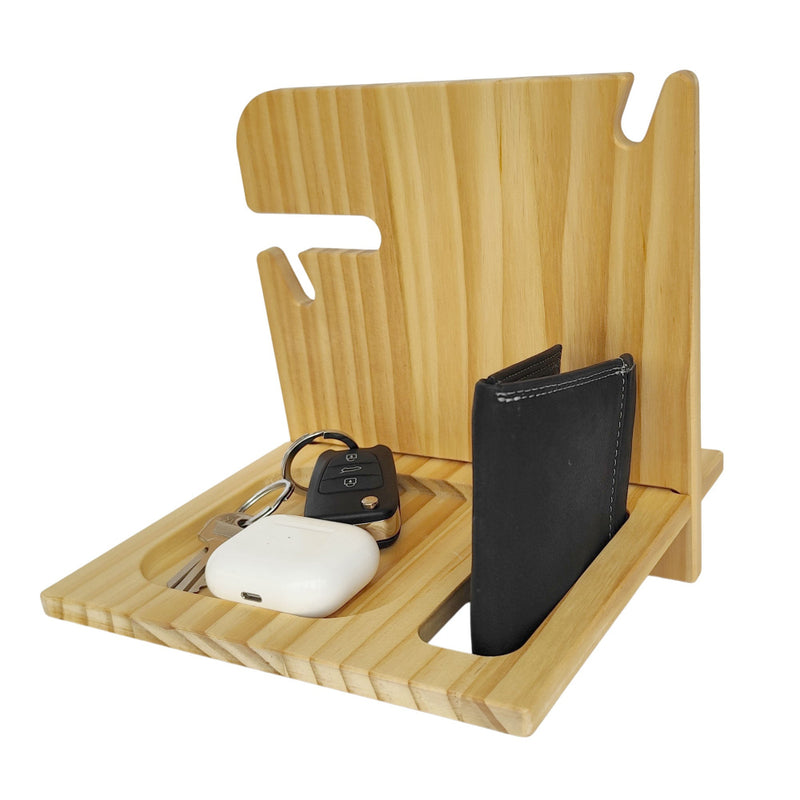 Natural pine wood nightstand back shot with compartments for personal objects, personalized gift for him