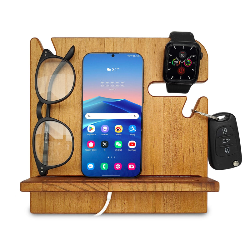 Walnut desk organizer made of pine wood holding phone, keys and glasses, personalized Christmas gift for him