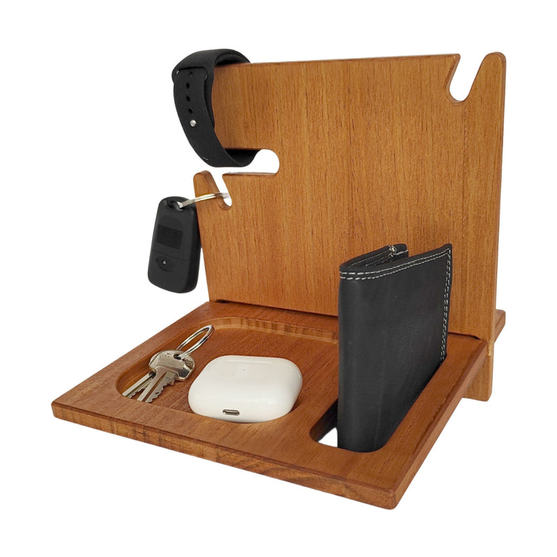 Walnut phone stand back with compartments for personal items, unique personalized gift for him