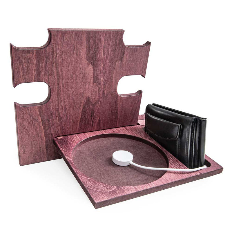 Rosewood nightstand organizer back view holding wallet and smartwatch charger, perfect personalized gift