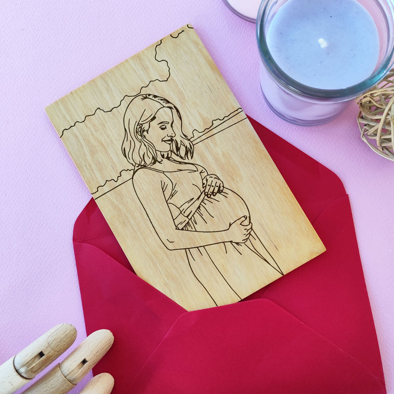 Laser engraved wooden pregnancy portrait card — personalized Mother’s Day gift.