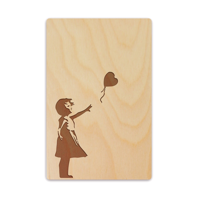 Wooden Greeting card of Girl with Balloon