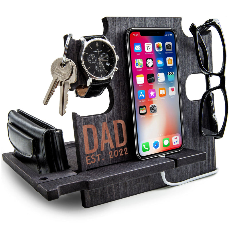 Ebony docking station holding phone and watch, customized gift for dad