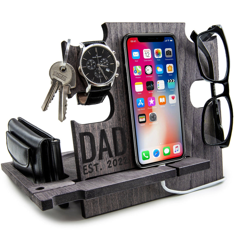 Gray wood docking station holding wallet and glasses, personalized birthday gift for dad