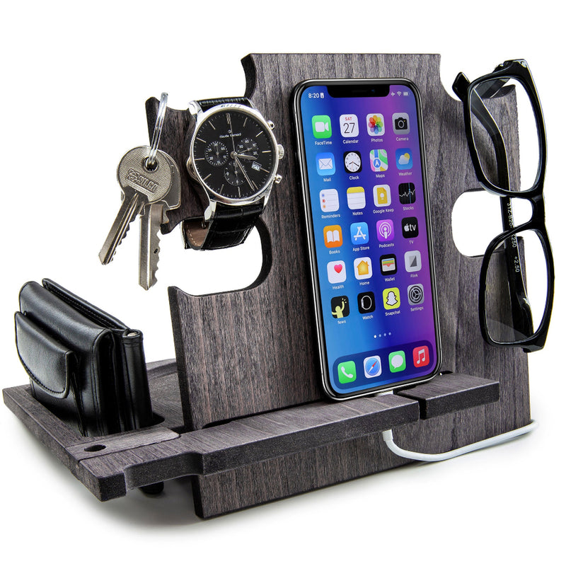 Gray wood organizer holding phone, wallet, and watch, personalized graduation gift for men