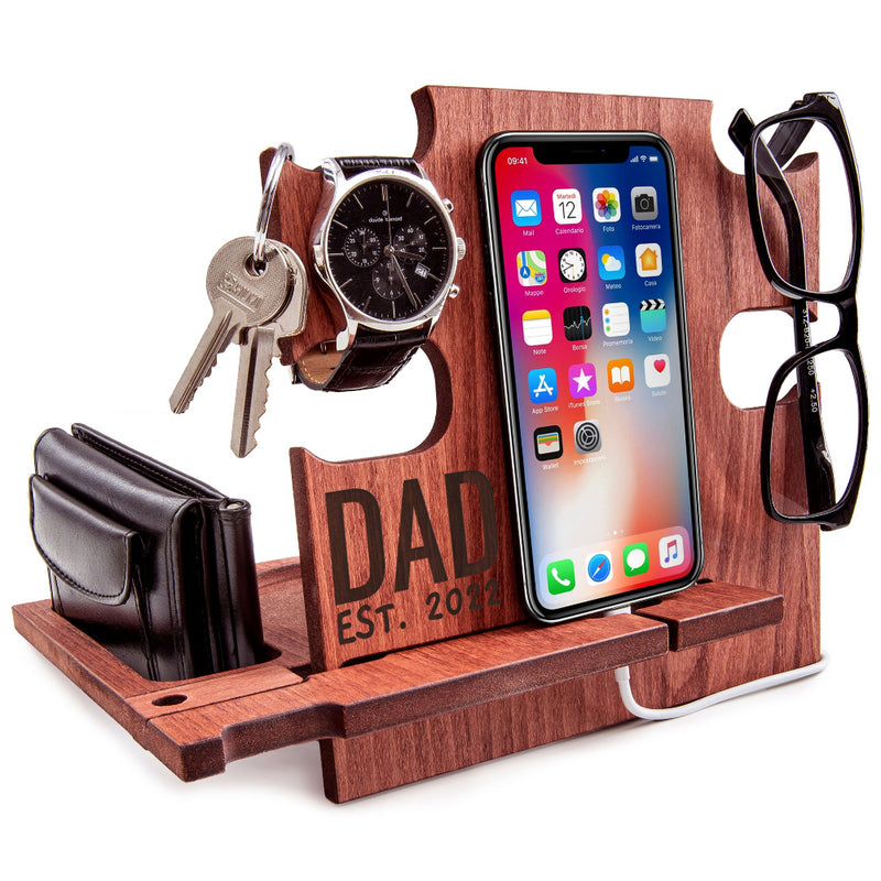 Mahogany nightstand organizer holding keys and phone, personalized Christmas gift for dad