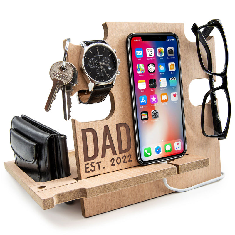 Natural finish wood nightstand organizer holding phone and wallet, customized Father’s Day gift for men