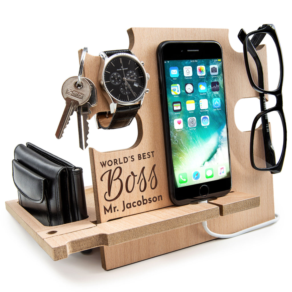 Cell Phone Stand Wood Docking Station Gifts for Men Boss Idea