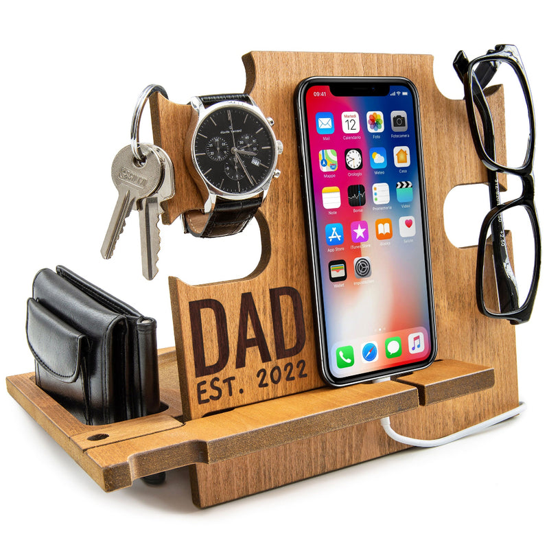 Teak personalized desk organizer holding personal items and phone, special Father’s Day gift for men